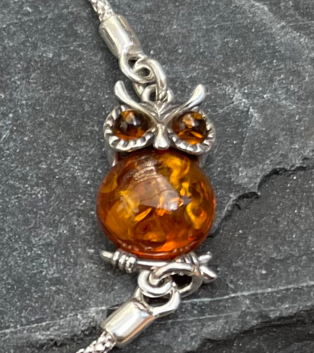 Amber and sterling silver owl