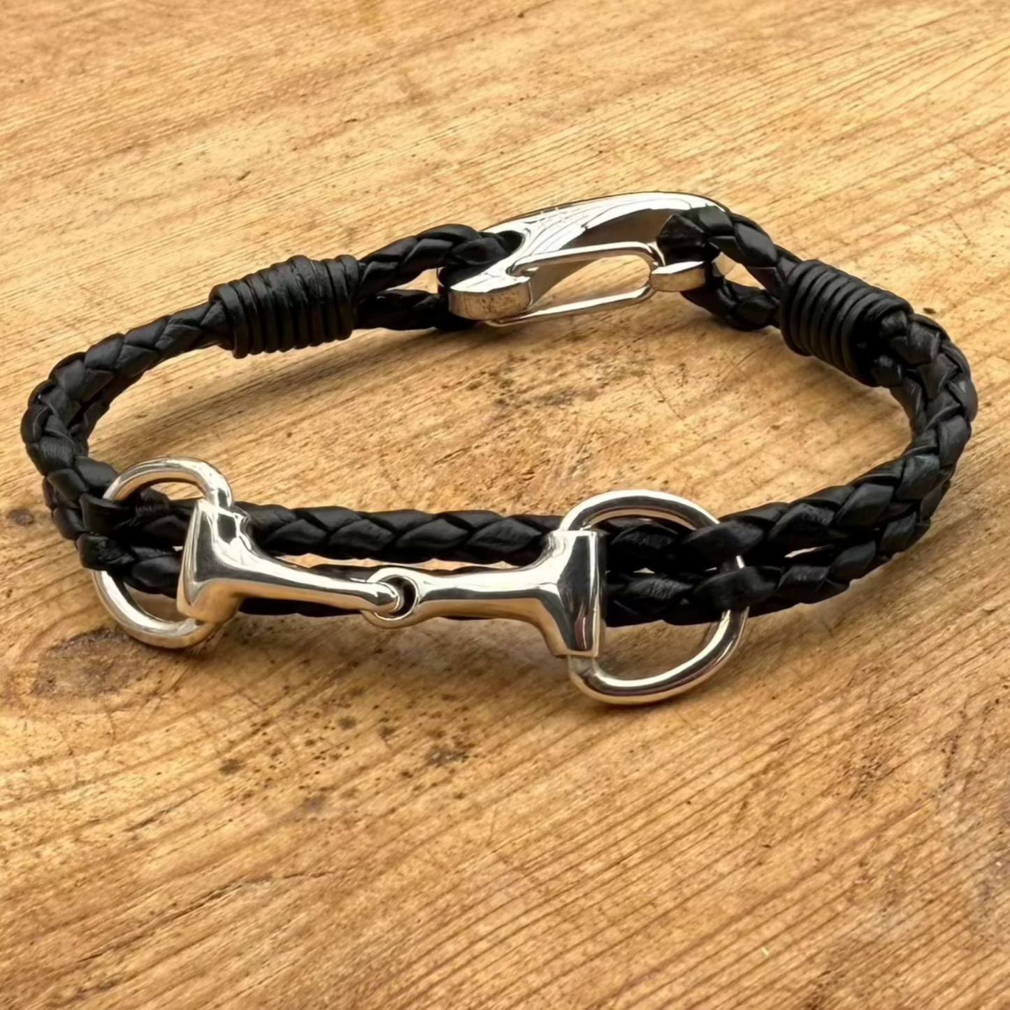 Hiho-silver-plaited-black-leather-snaffle-bracelet