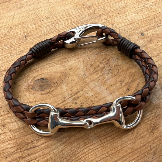 Hiho-silver-tan-darkbrown-plaited-snaffle-bracelet