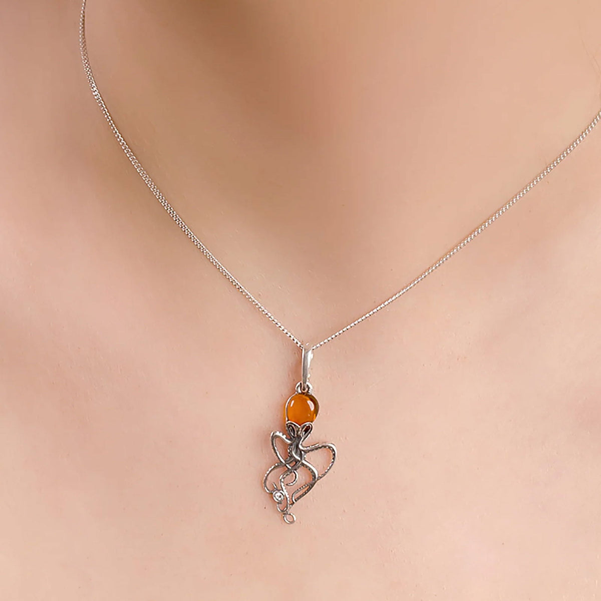Amber Octopus Sterling Silver Necklace - Cotswold Jewellery