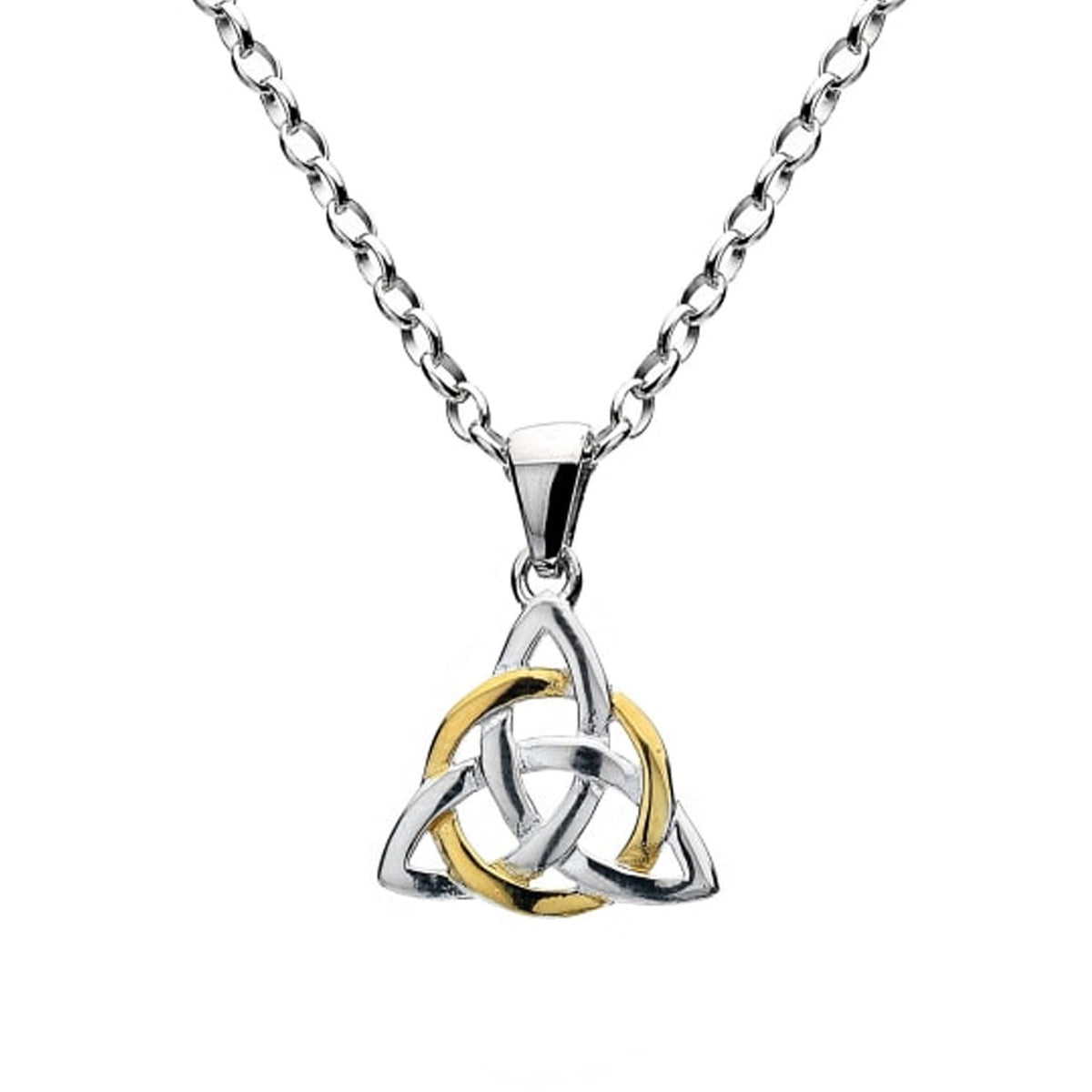 A silver and gold Celtic triquetra knot pendant necklace on a matching silver link chain, shown against a plain white background.