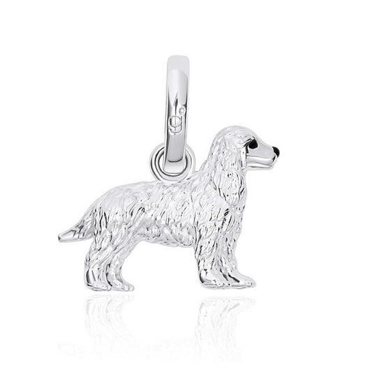 Silver dog charm on a white background