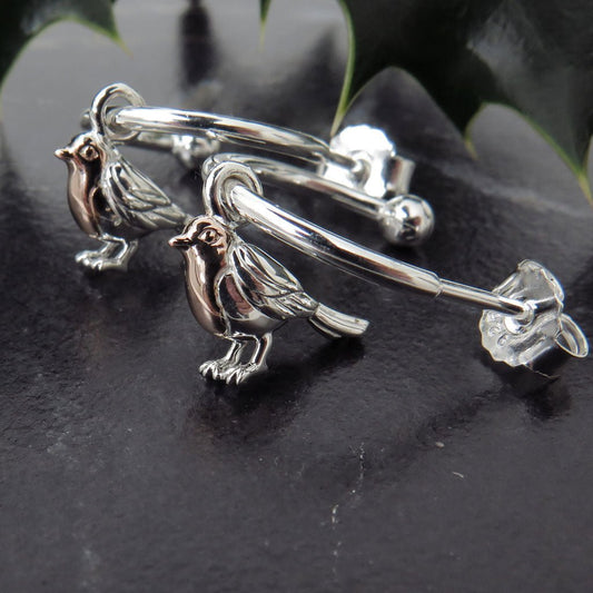 Gemma J Robin Hoop Sterling Silver Earrings - Cotswold Jewellery