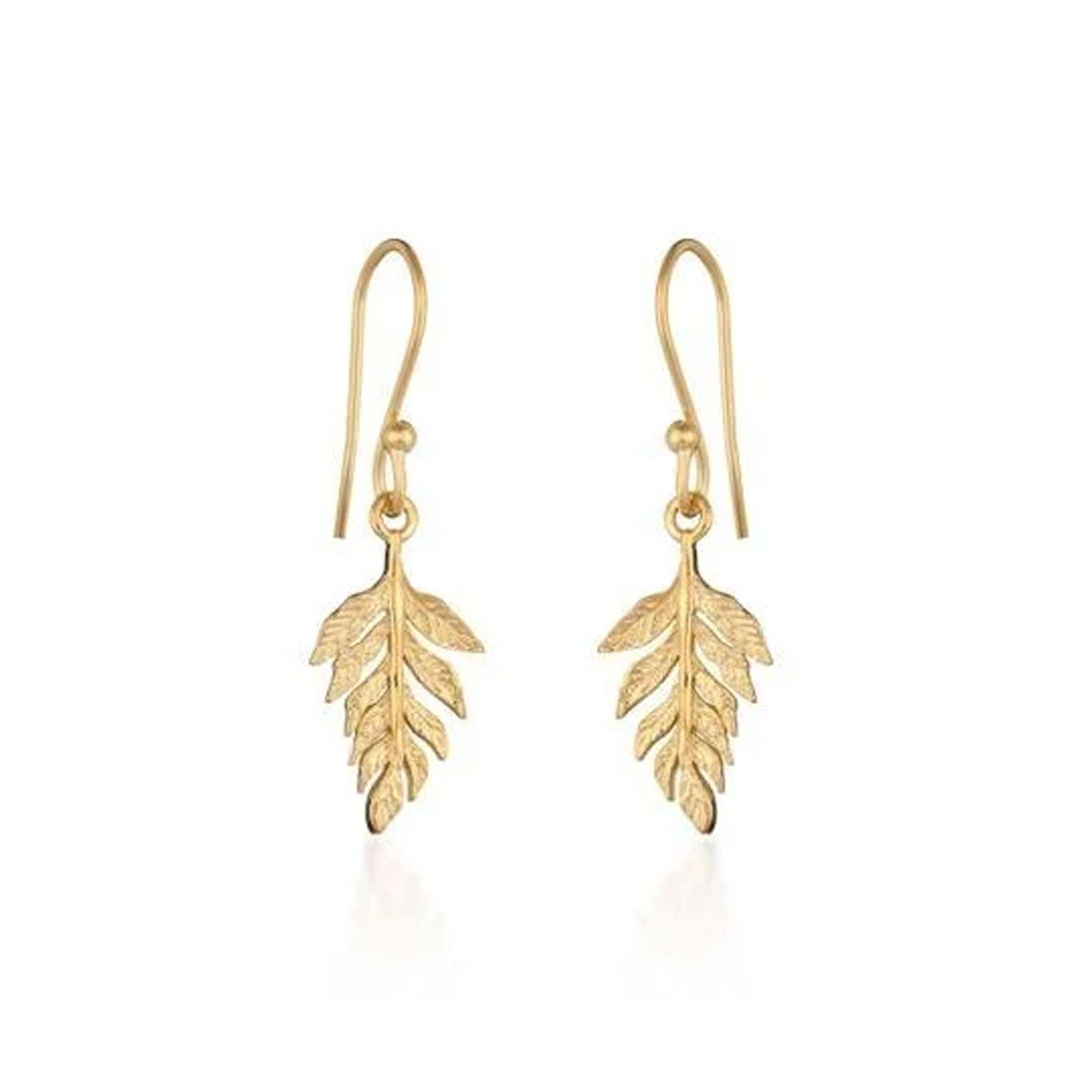 A pair of gold leaf drop earrings with textured leaf pendants and fishhook wires, shown on a clean white background.