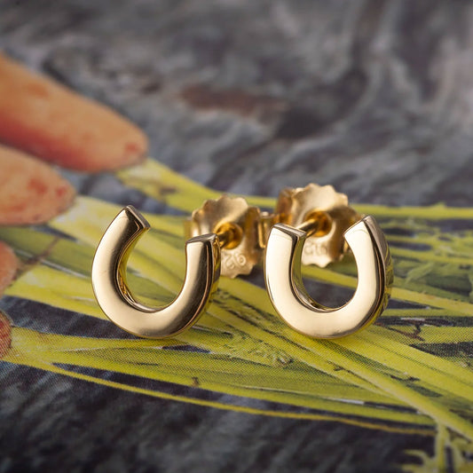 Gold hroseshoe earrings on a textured surface with a blurred background