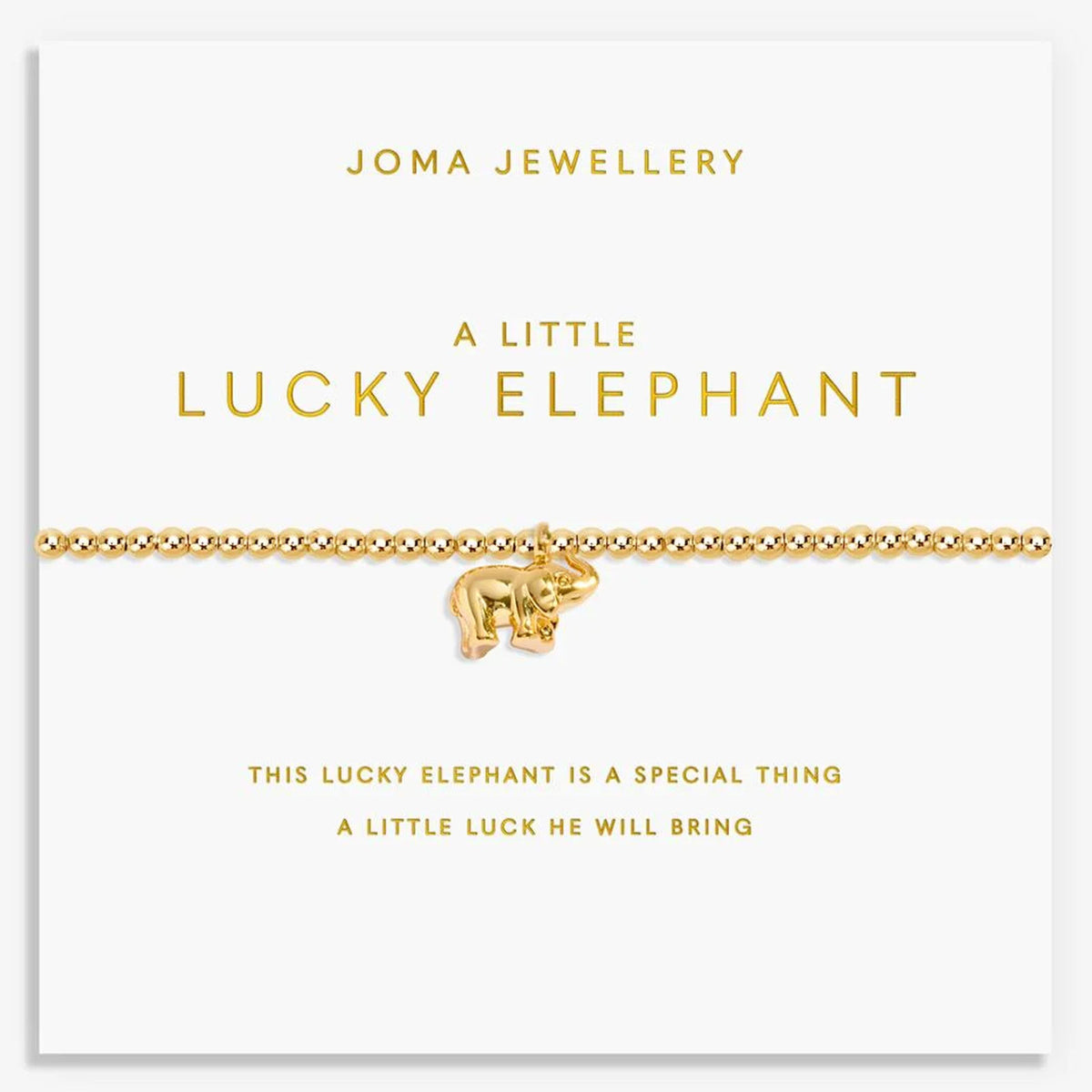 Gold elephant bracelet on Joma Jewellery card with text