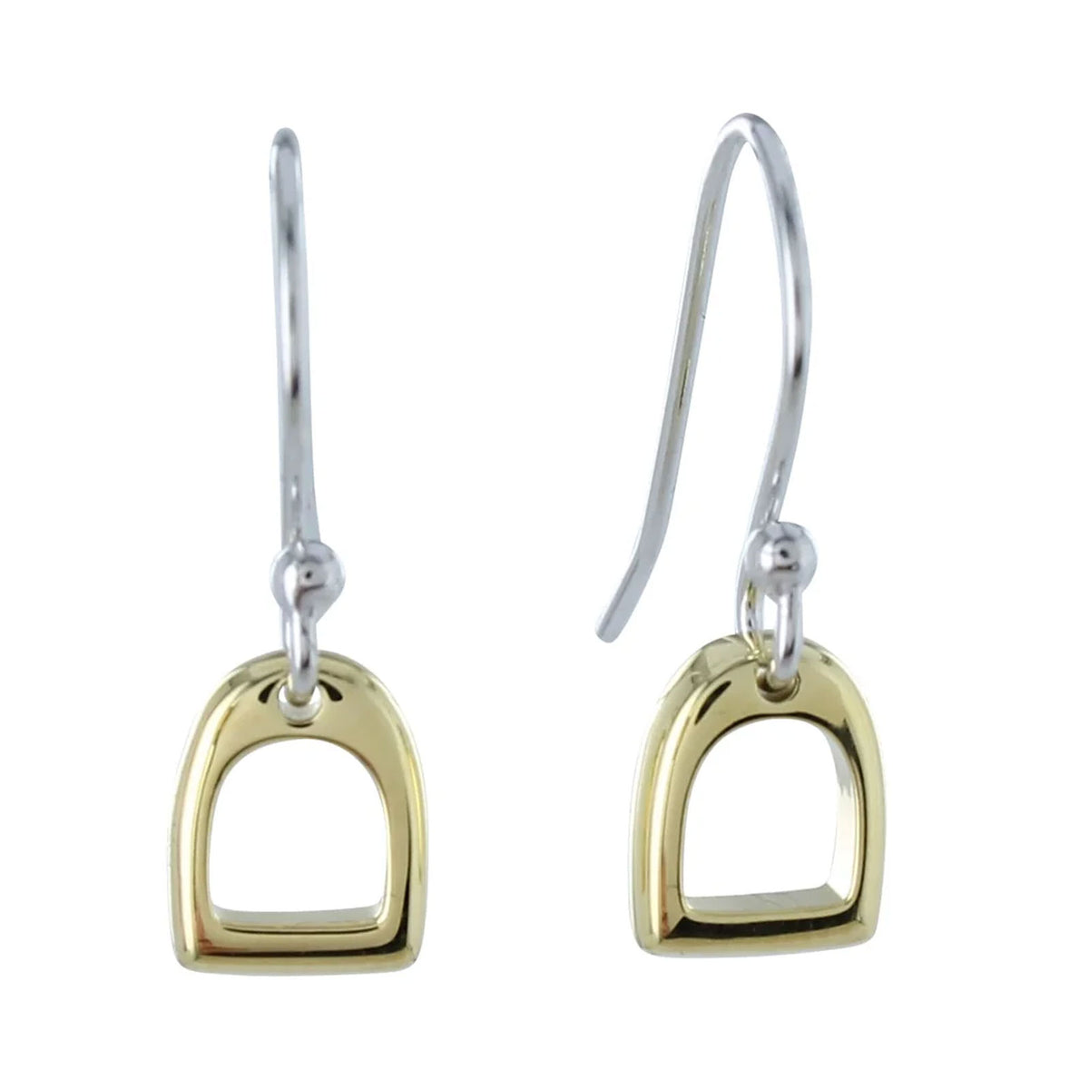 A pair of gold and silver drop earrings with a polished equestrian horse bit design, shown against a plain white background.