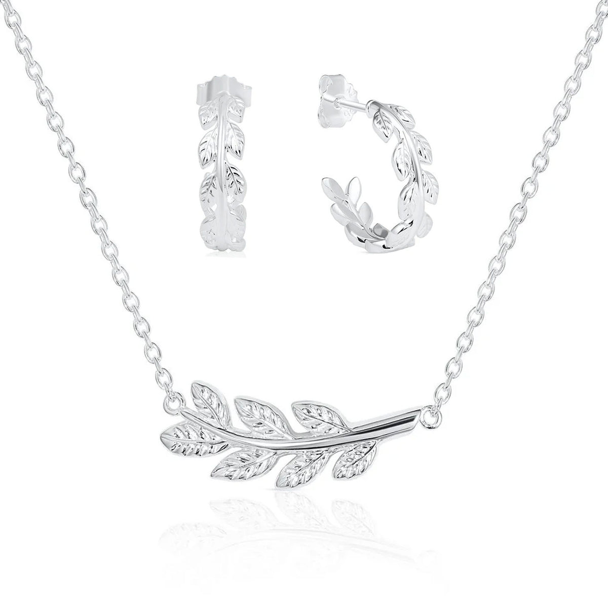 Silver laurel leaf branch necklace and matching laurel leaf hoop earrings, displayed on a clean white background with a soft reflection.