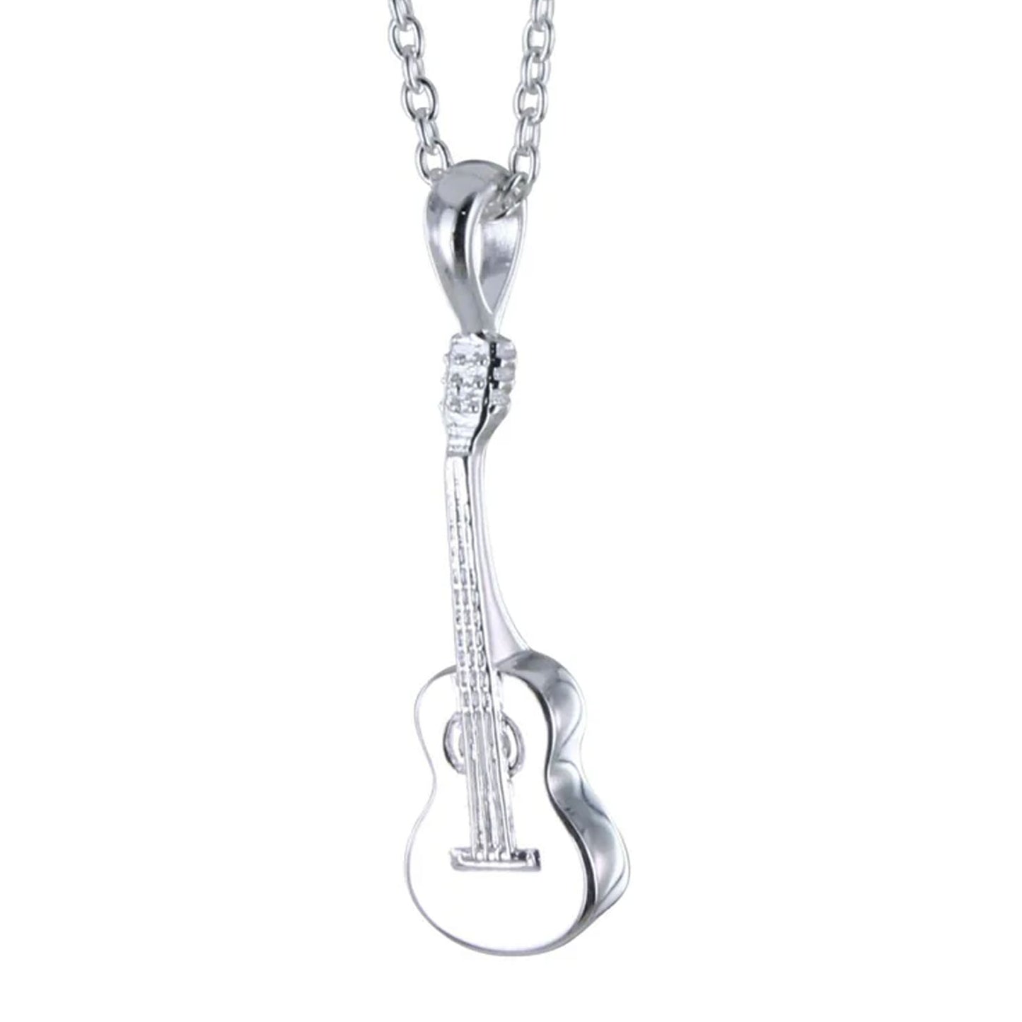 Silver guitar-shaped pendant on a chain against a white background