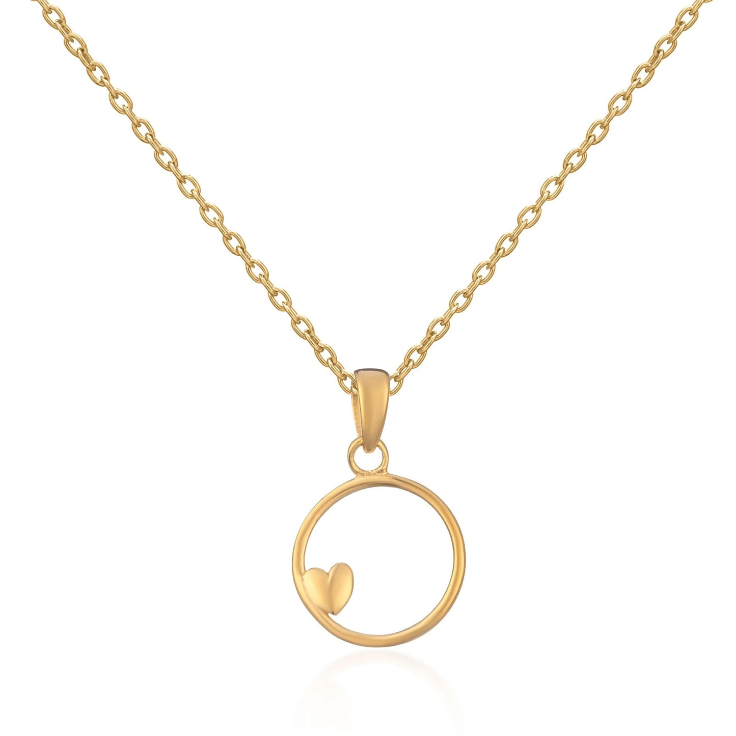 Gold necklace with a heart-shaped pendant on a white background