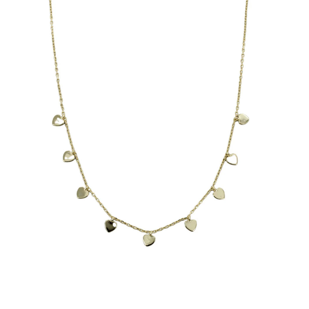 Gold necklace with heart-shaped pendants on a white background