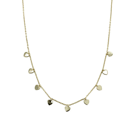 Gold necklace with heart-shaped pendants on a white background