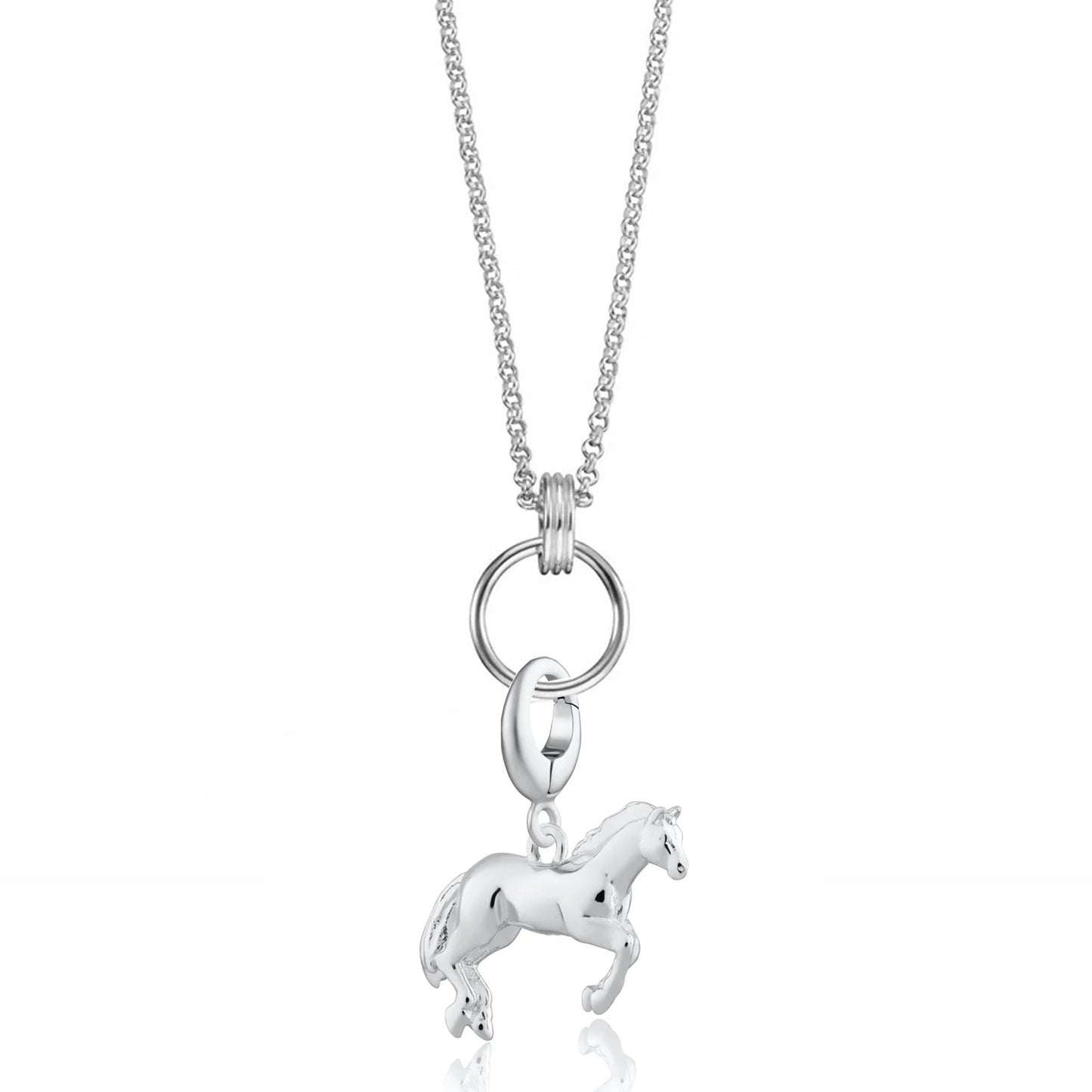 Silver horse pendant on a chain against a white background