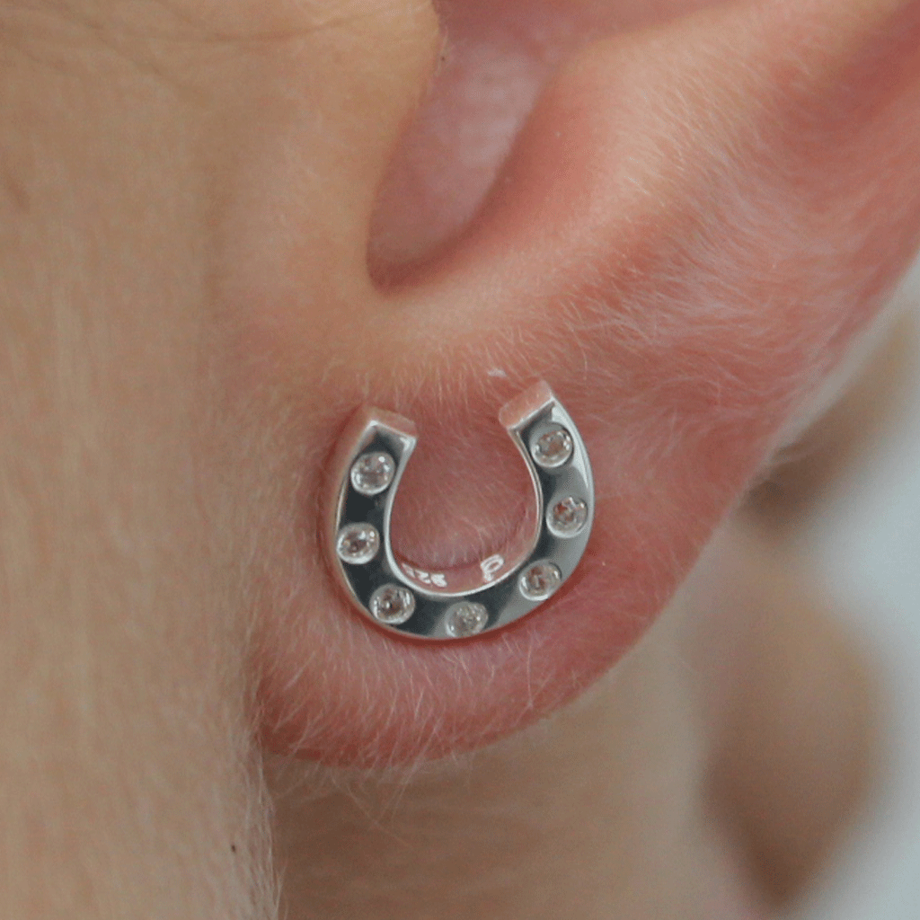 Horseshoe Sparkly Sterling Silver Earrings - Cotswold Jewellery