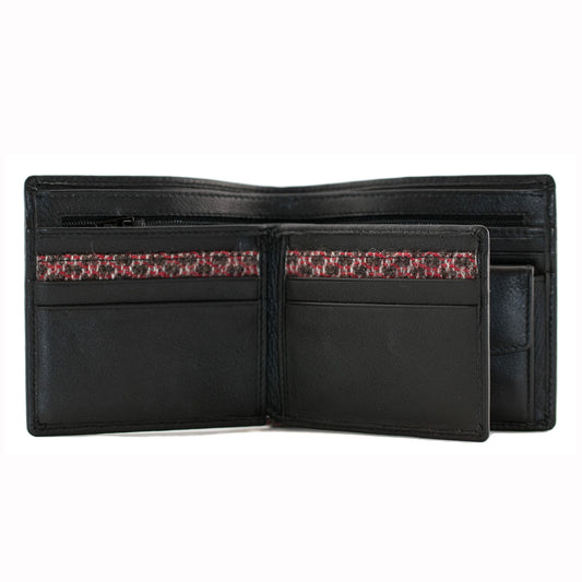 Black leather wallet with red and black patterned interior on a white background