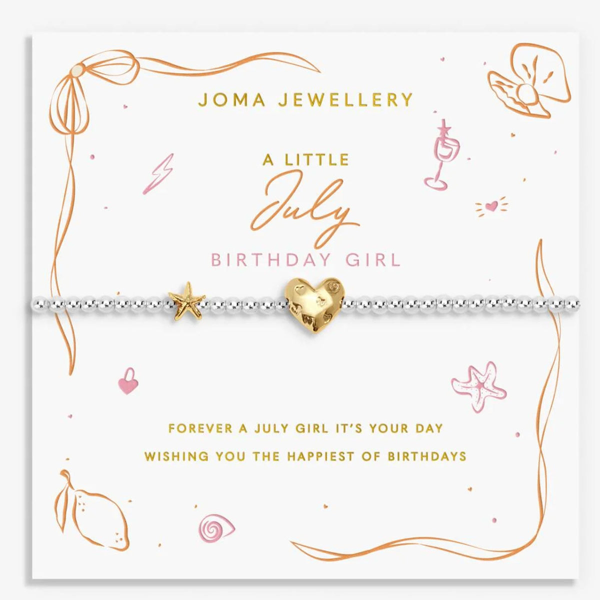 A silver beaded bracelet with a gold heart charm and a small gold star charm, presented on a white Joma Jewellery gift card with July-themed illustrations and text.