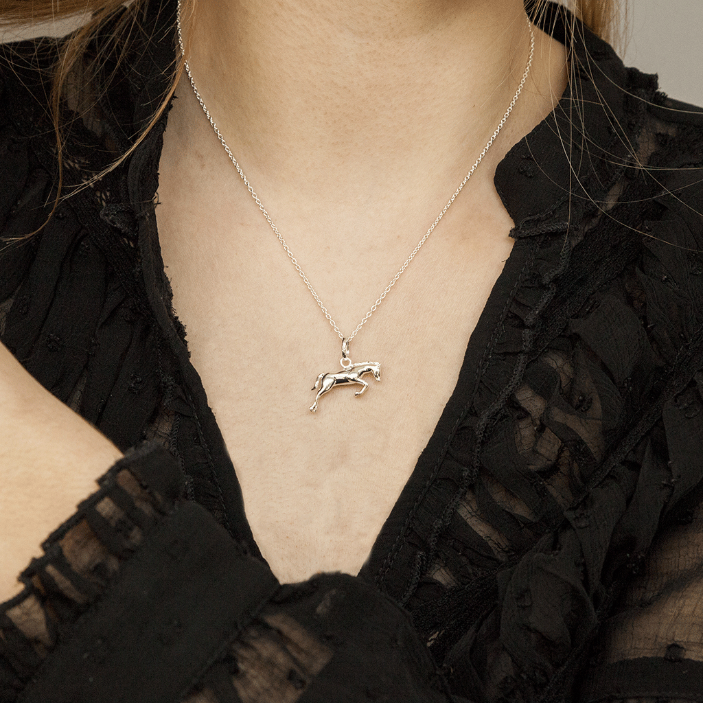 Jumping Horse Sterling Silver Necklace on lady