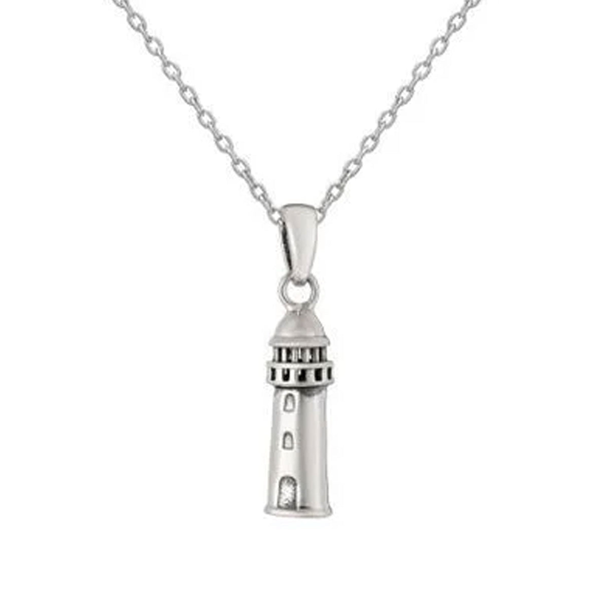 A sterling silver lighthouse pendant necklace on a delicate silver chain, shown against a plain white background.