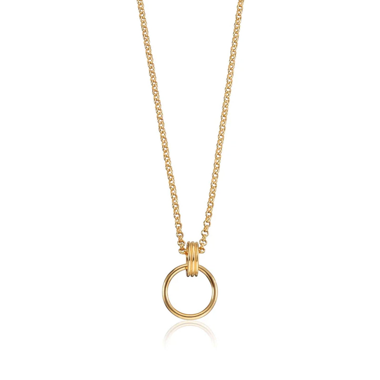 Gold necklace with a small ring pendant on a white background