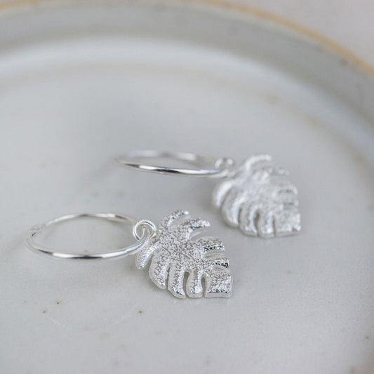 Monstera Hoop Charm Earrings - Cotswold Jewellery