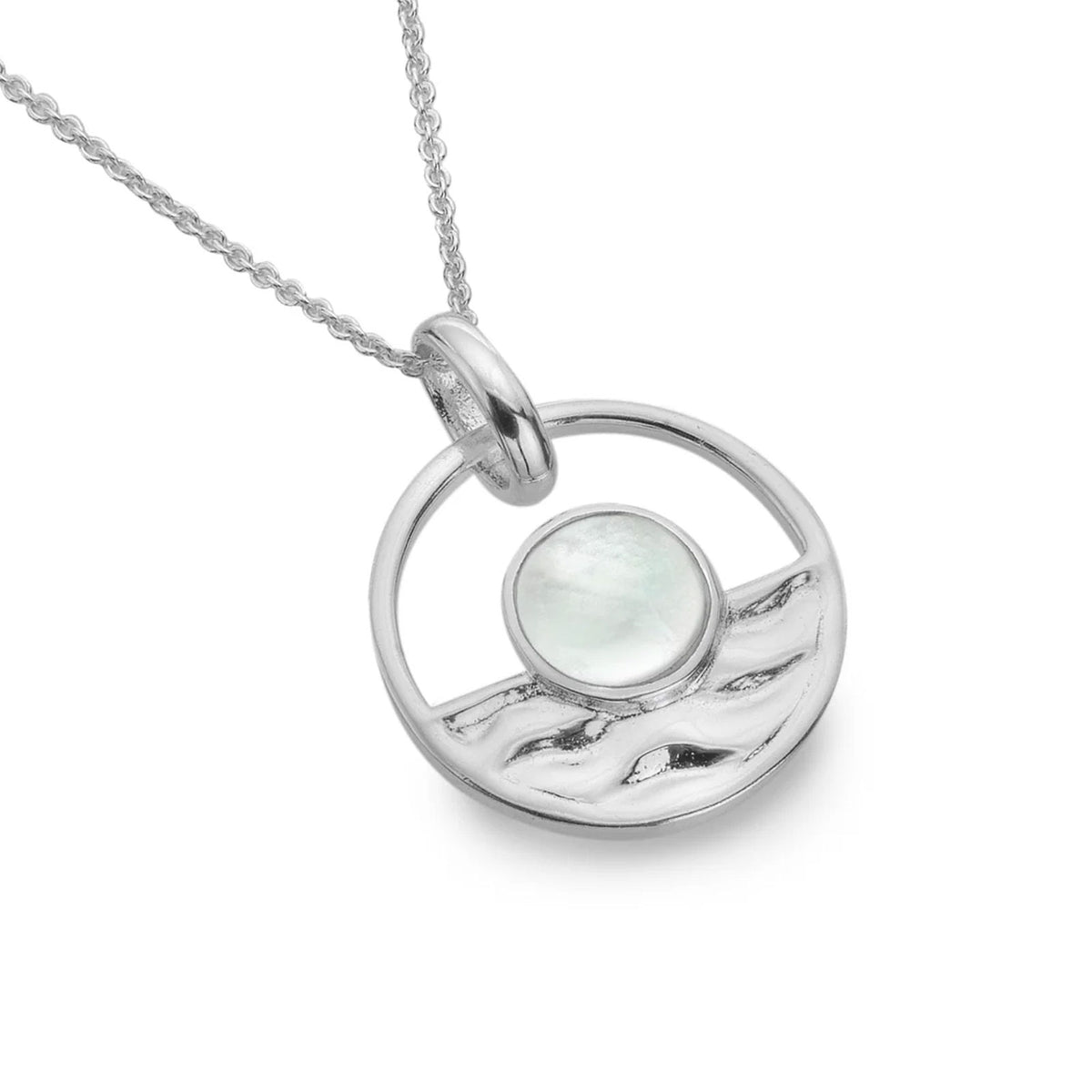 A sterling silver necklace featuring a circular pendant with a textured, wave-like lower half and a smooth, round iridescent mother of pearl inset, suspended from a delicate silver chain on a white background.
