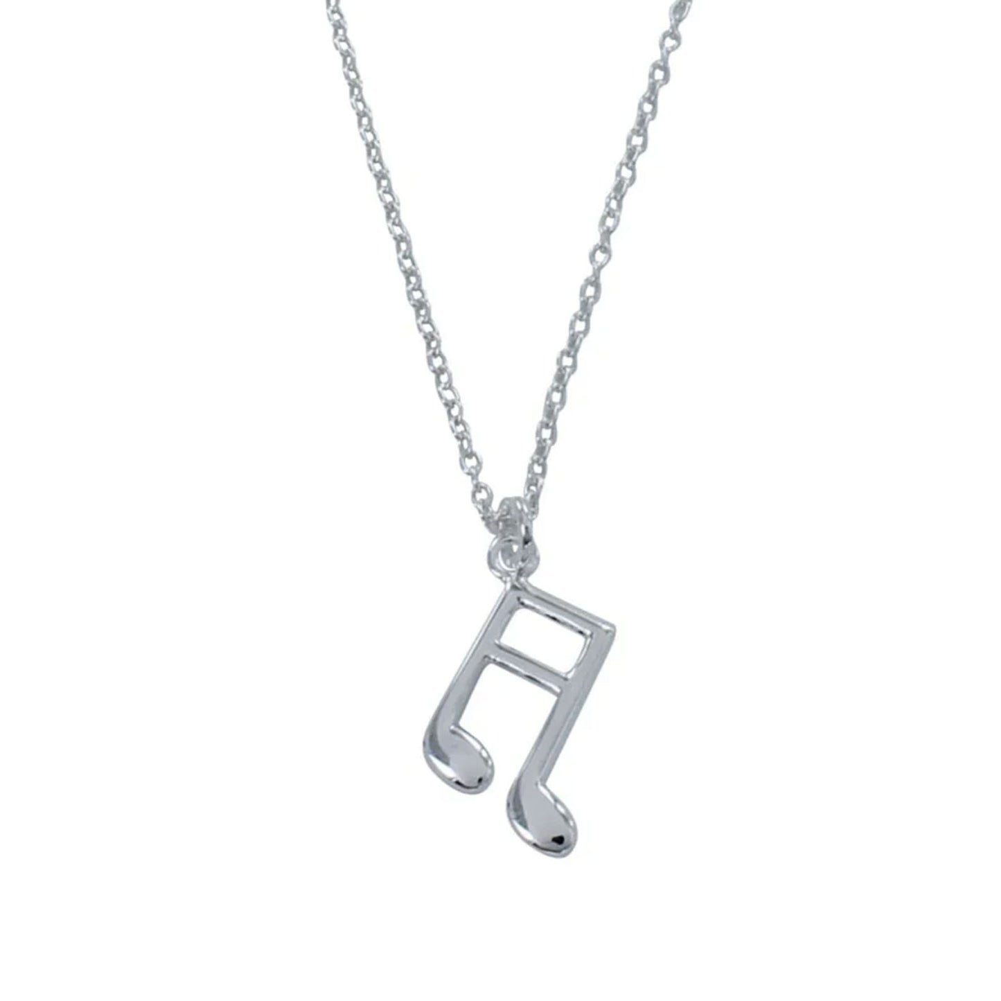 Silver music note pendant on a chain against a white background