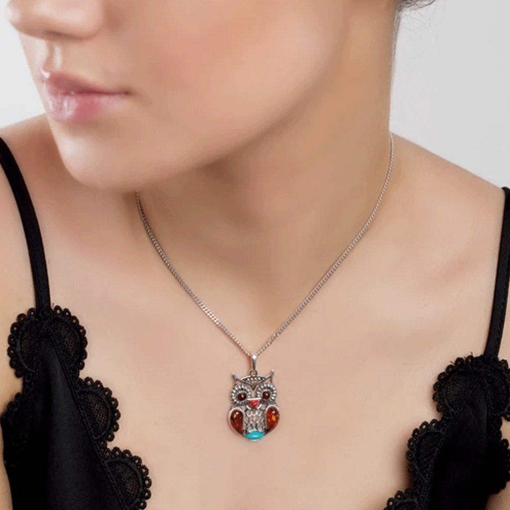 Owl Necklace Amber, Coral & Turquoise - Cotswold Jewellery