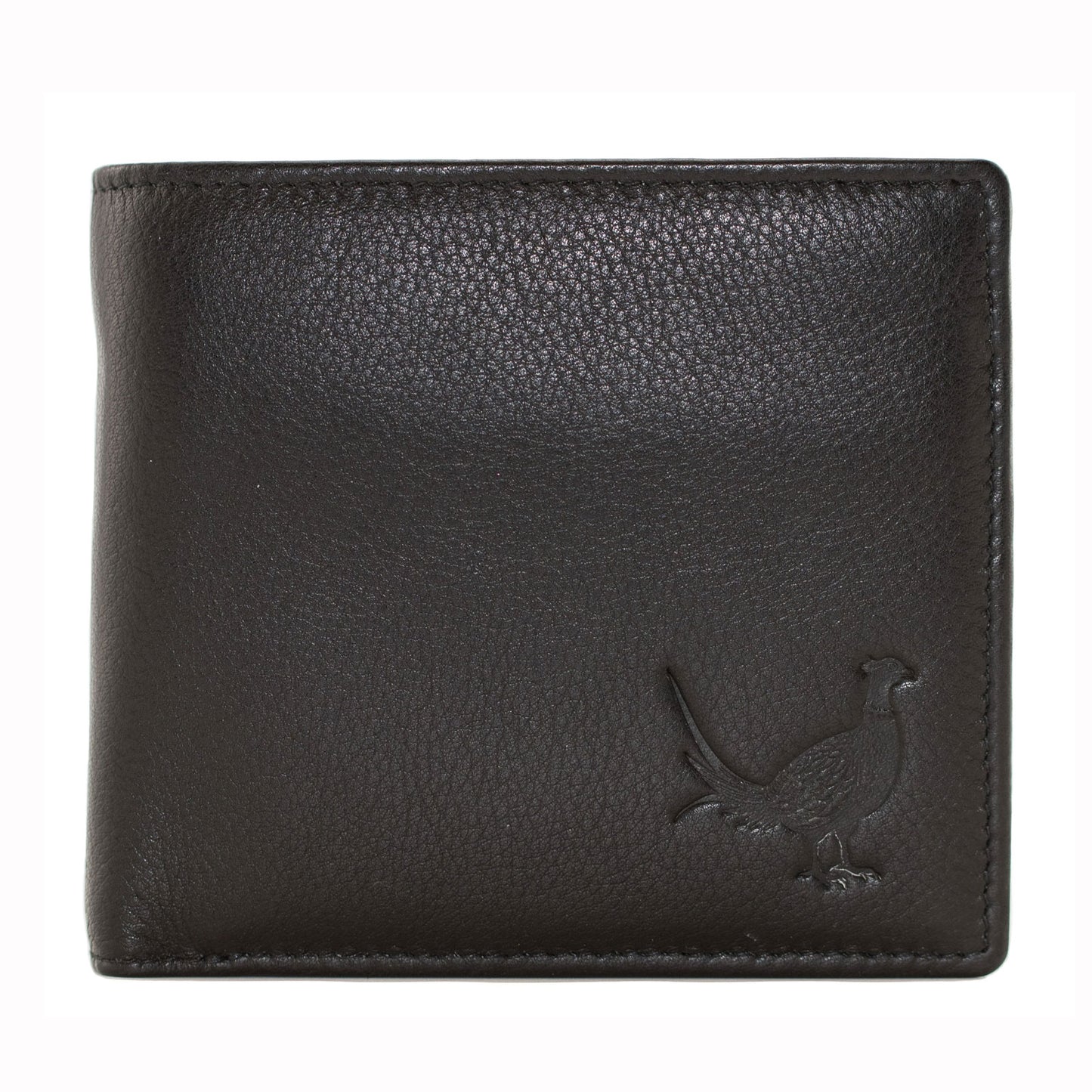 Black leather wallet with a bird emblem on a white background