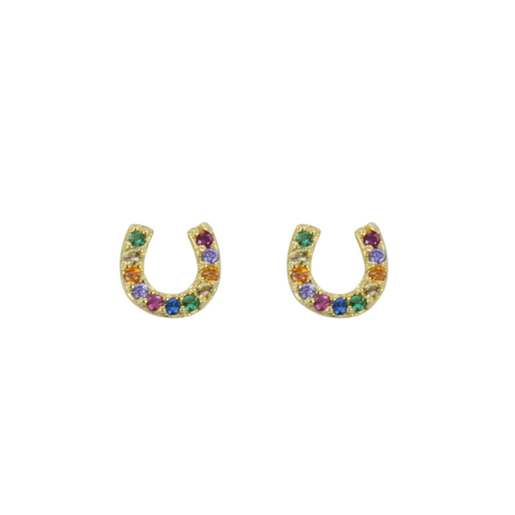 Horseshoe-shaped earrings with colorful gemstones on a white background