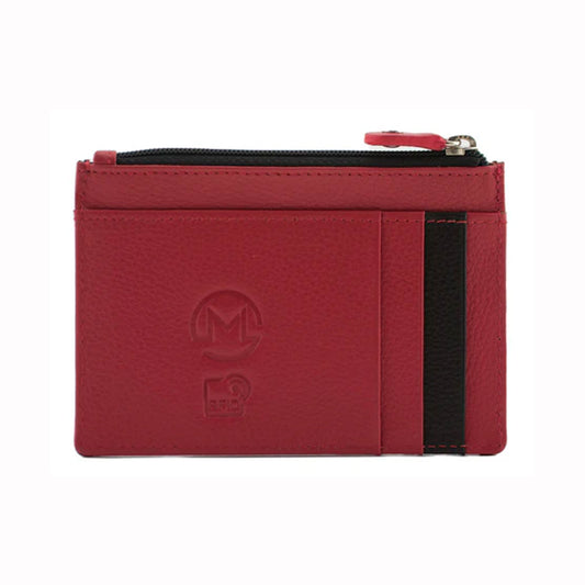 Red wallet with a black zipper on a white background