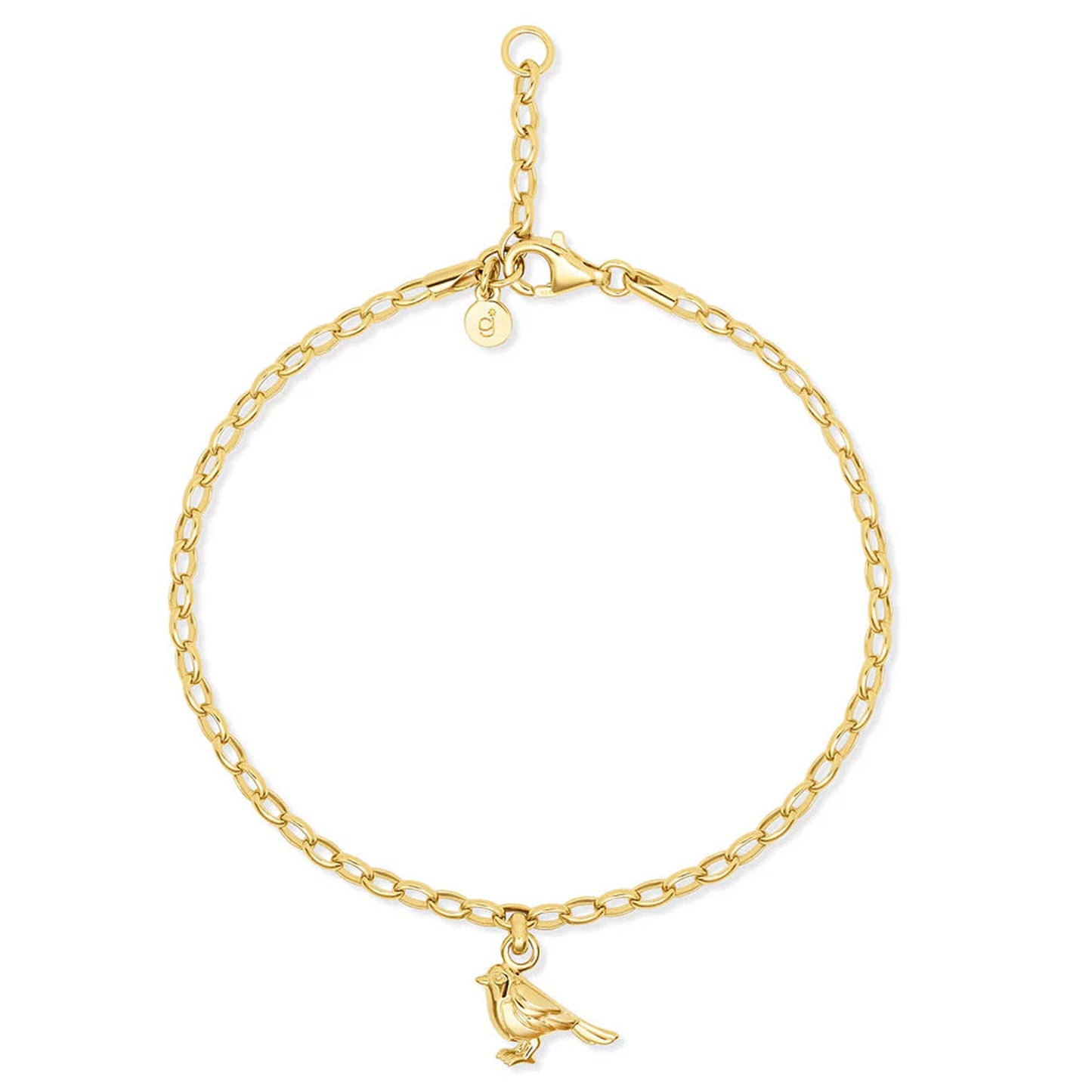 Gold robin bracelet from the gemma j collection on a white background