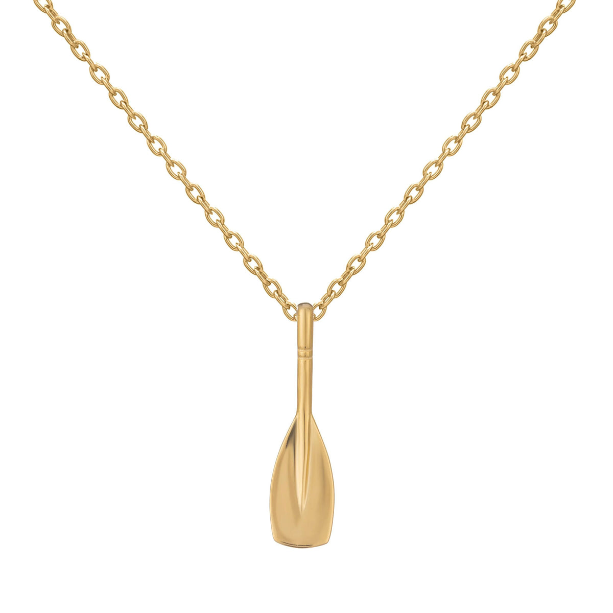 A gold pendant necklace featuring a polished, teardrop-shaped oar blade pendant suspended from a delicate gold chain, set against a solid white background.