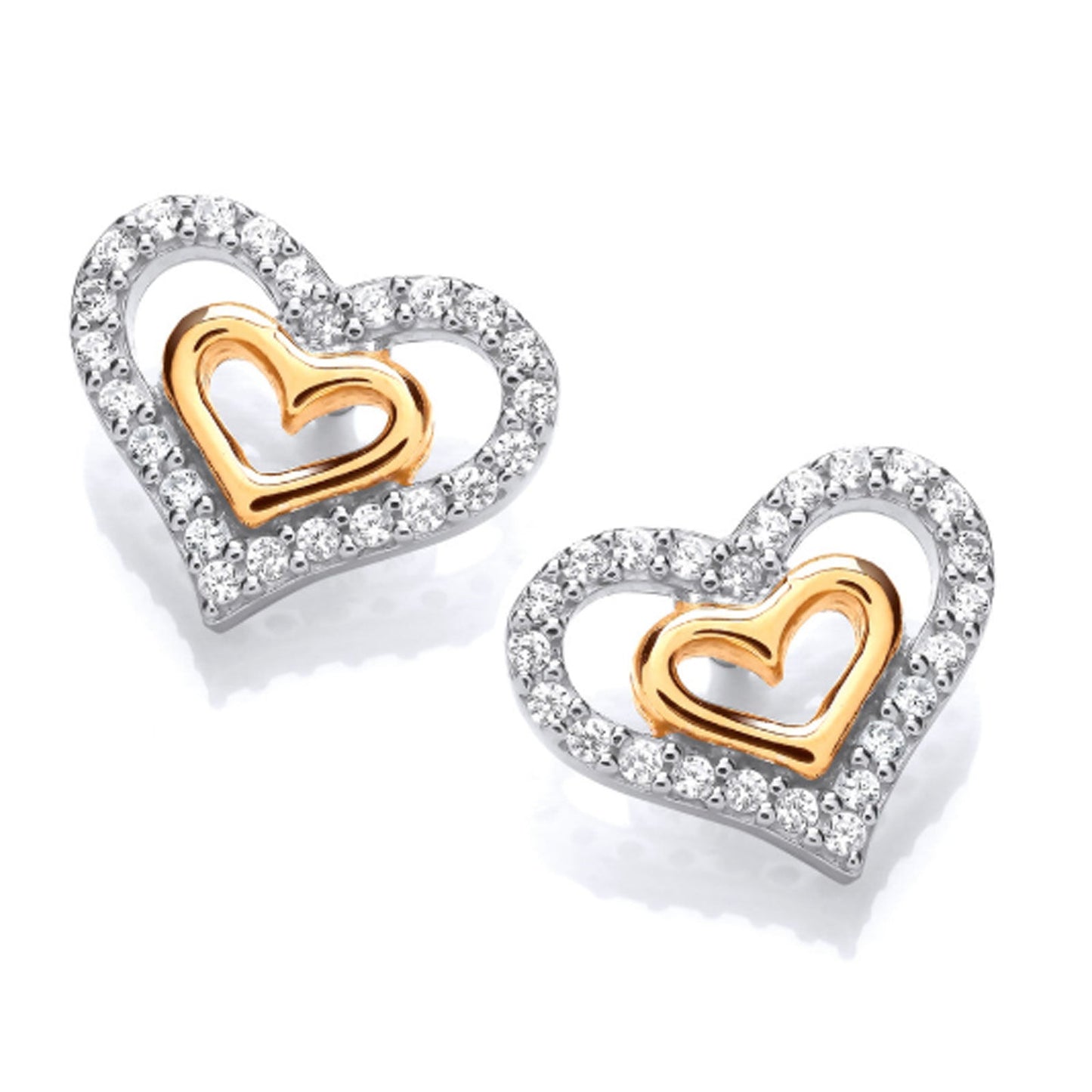 Silver, Gold & Cubic Zirconia Double Heart Stud Earrings - Cotswold Jewellery