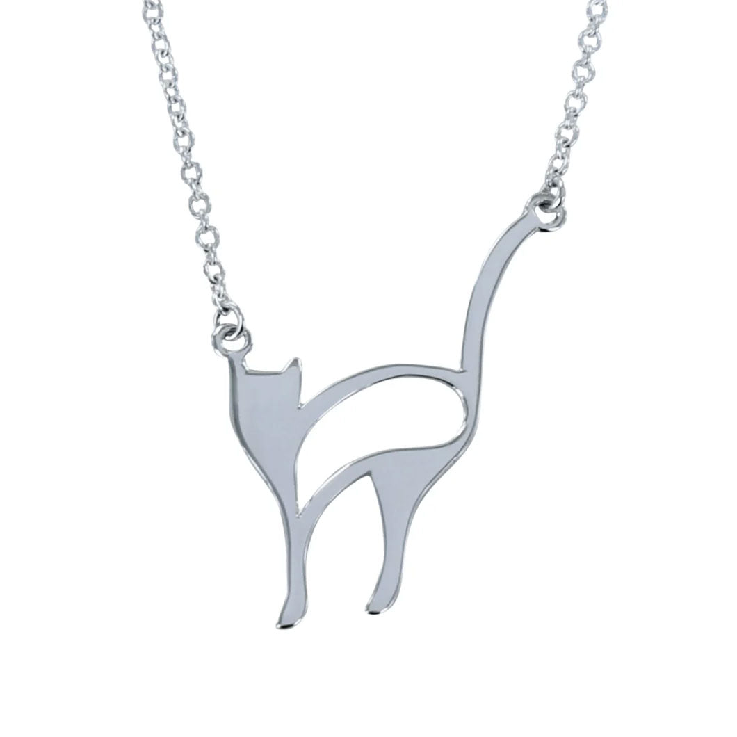 Silver cat-shaped pendant on a chain against a white background
