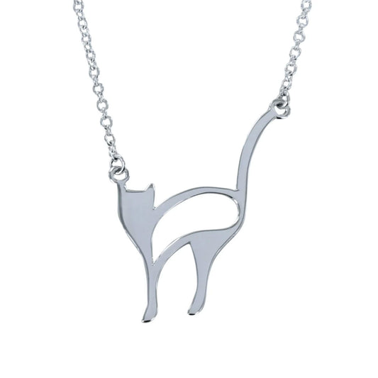 Silver cat-shaped pendant on a chain against a white background
