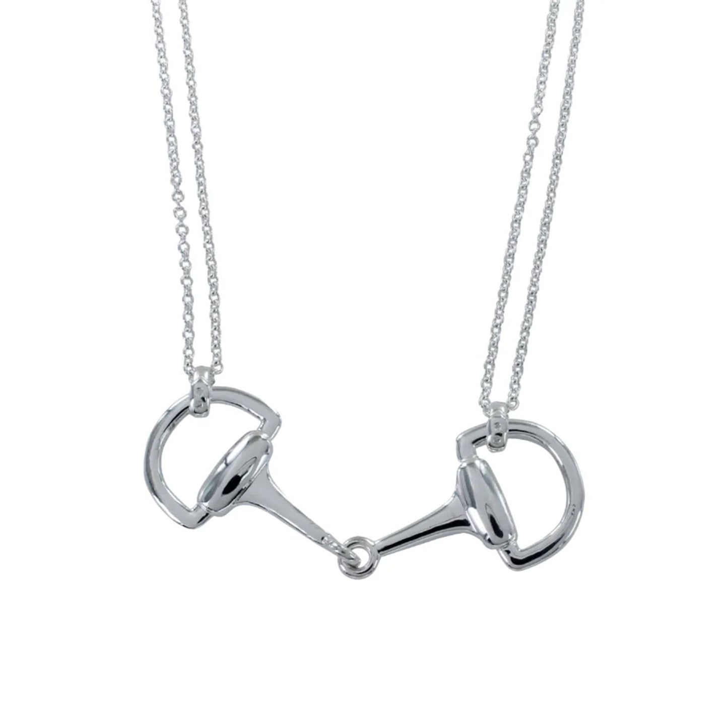 Silver horse bit necklace on a white background