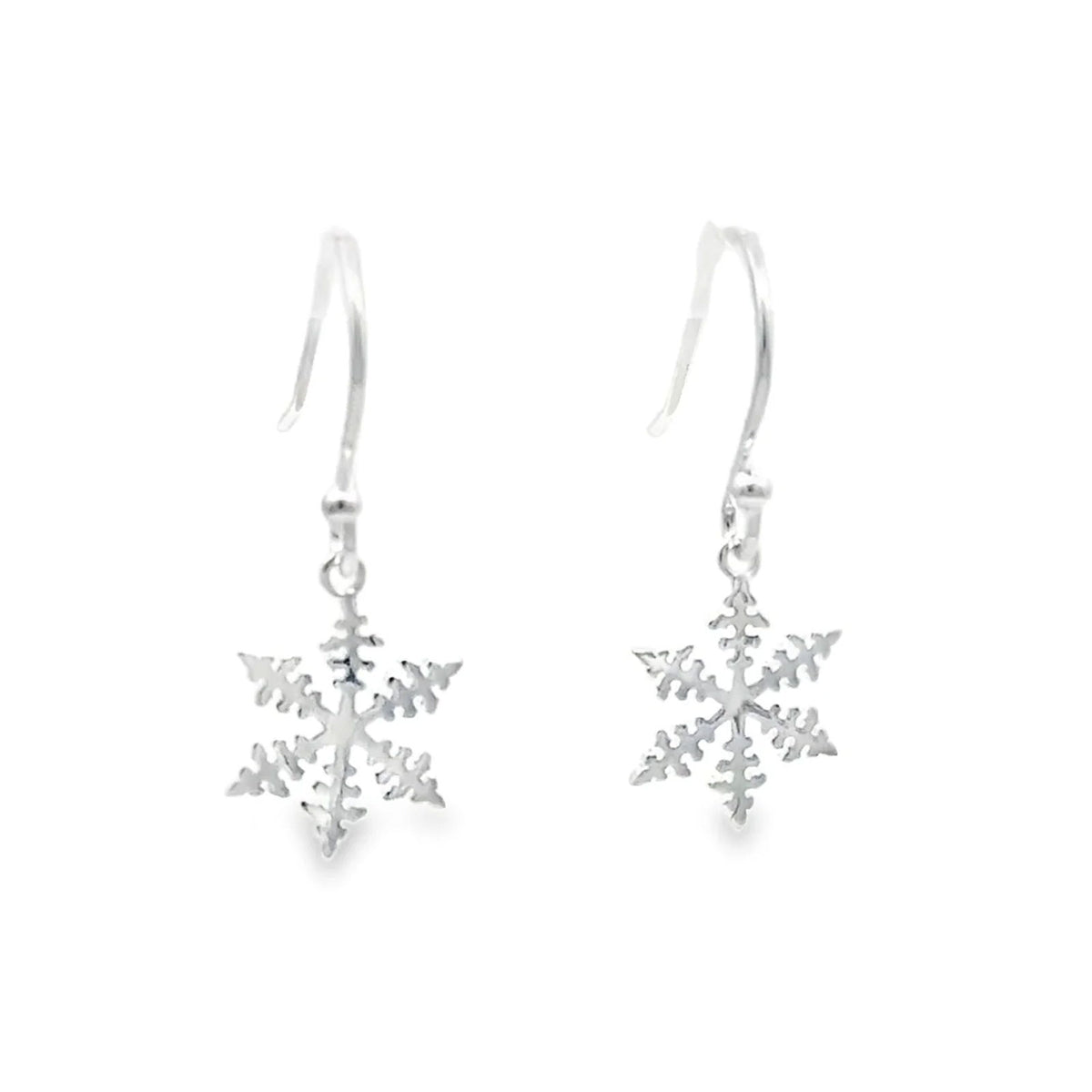 A pair of silver snowflake dangle earrings with fishhook backs, shown against a plain white background.