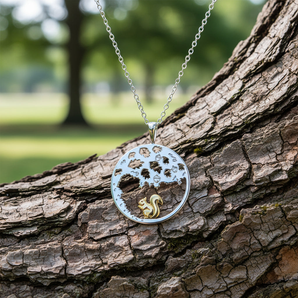Silver necklace with a round pendant featuring a gold squirrel on a white background