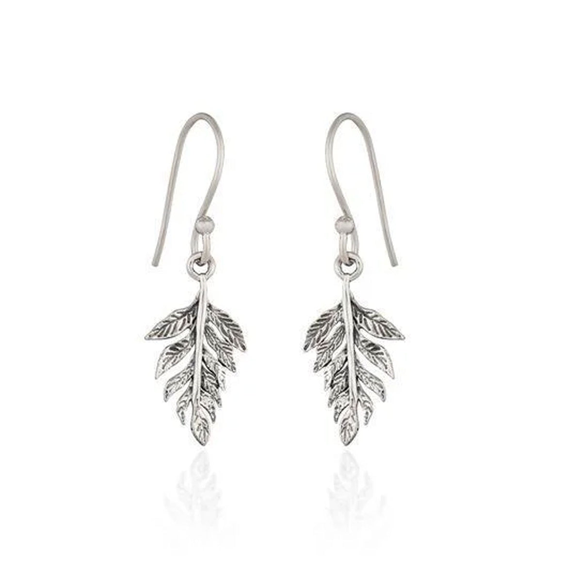 A pair of sterling silver leaf drop earrings with textured, antiqued detailing and fishhook wires, shown on a clean white background with a soft reflection below.