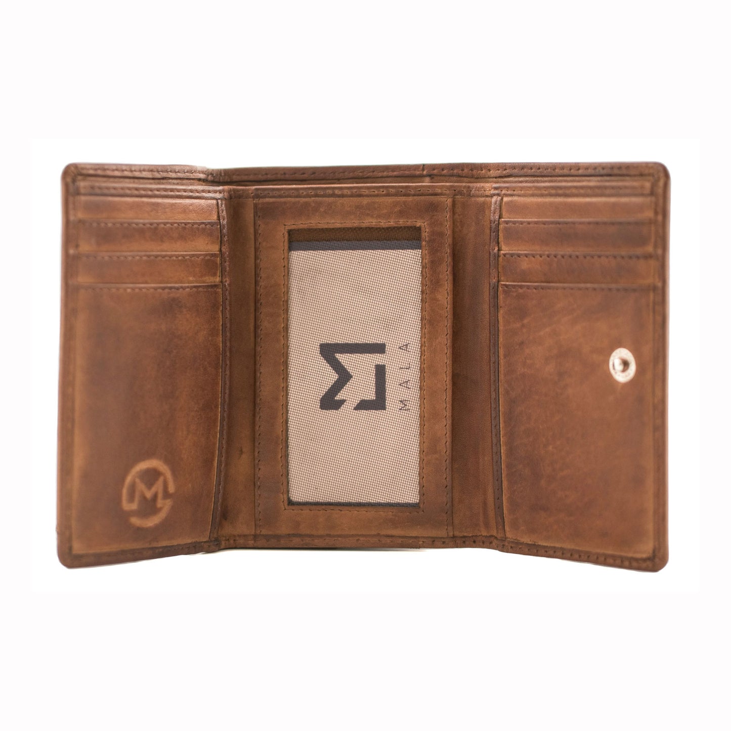 Brown leather wallet with visible brand logo on a white background