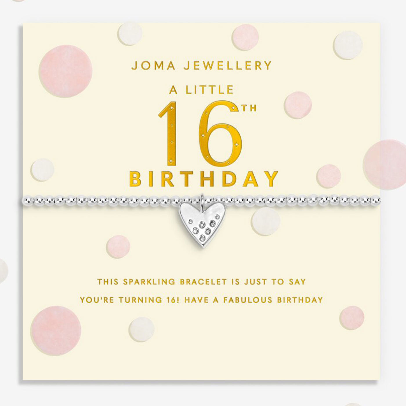 Joma Jewellery bracelet with polka dot confetti wrapped around a card with gold text 