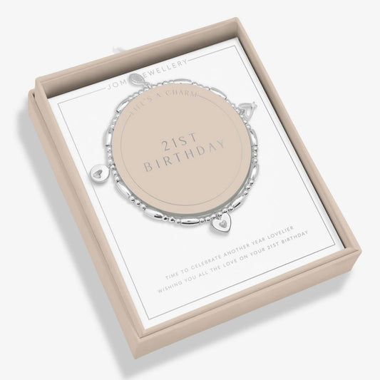 Silver '21st Birthday' bracelet in a decorative box on a white background