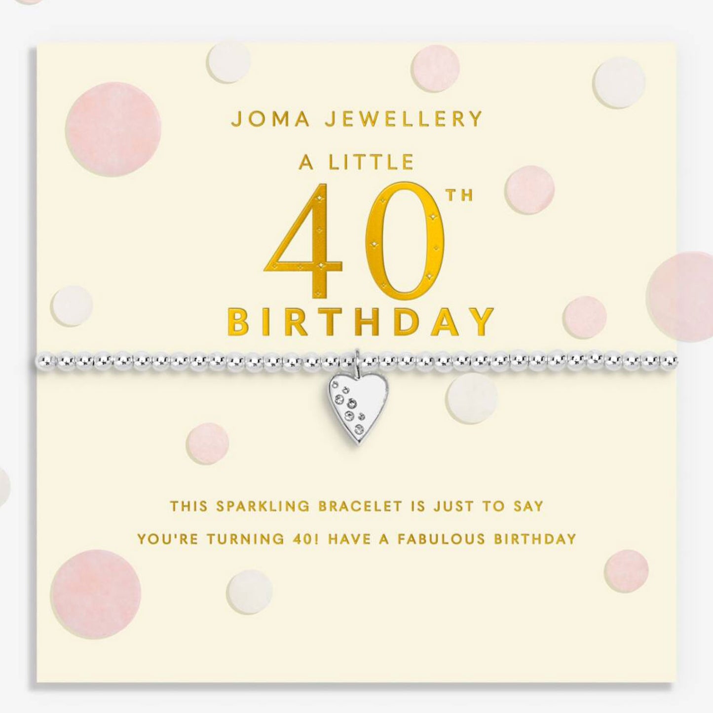 Joma Jewellery 40th birthday bracelet with heart charm on a polka dot background