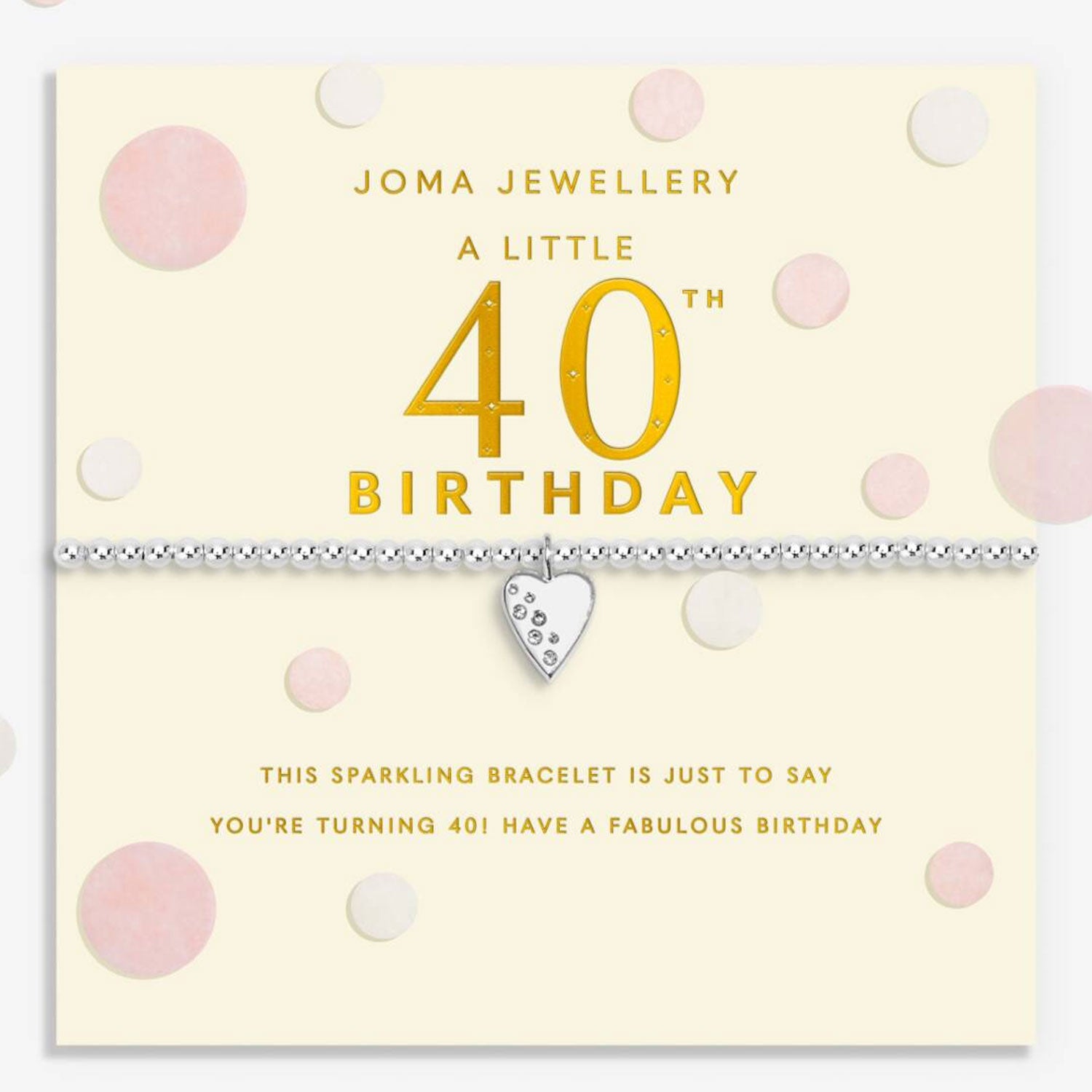 Joma Jewellery 40th birthday bracelet with heart charm on a polka dot background