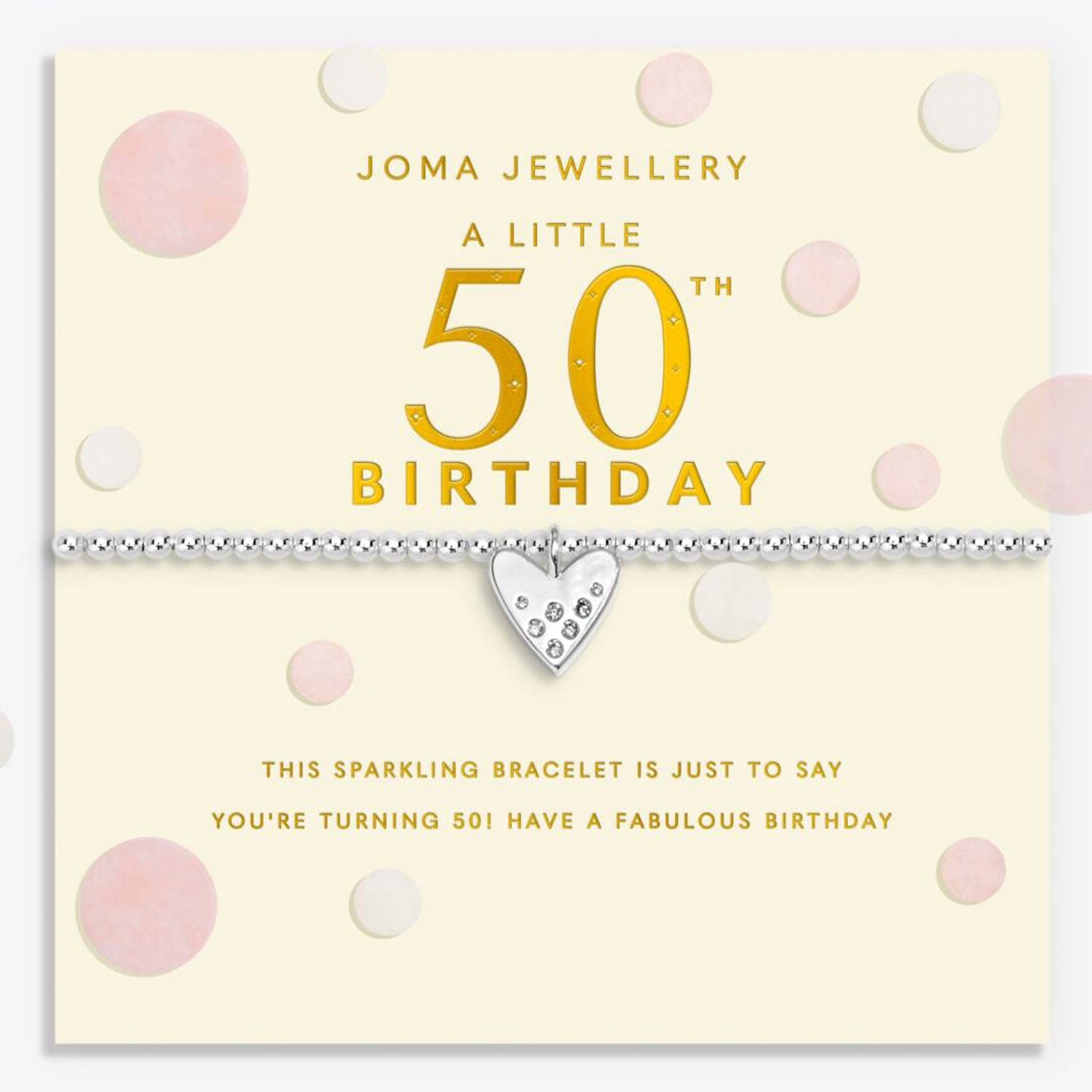 Joma Jewellery 50th birthday bracelet on a decorative card with confetti 