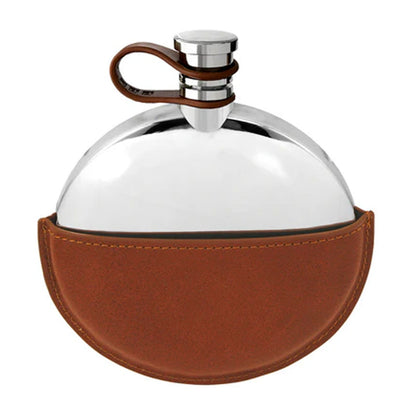 5.5oz Round Pewter Hip Flask with Captive Top & Tan Leather - Cotswold Jewellery