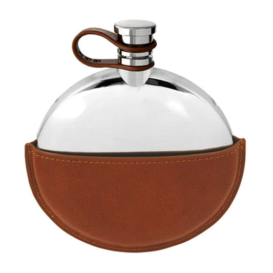 5.5oz Round Pewter Hip Flask with Captive Top & Tan Leather - Cotswold Jewellery
