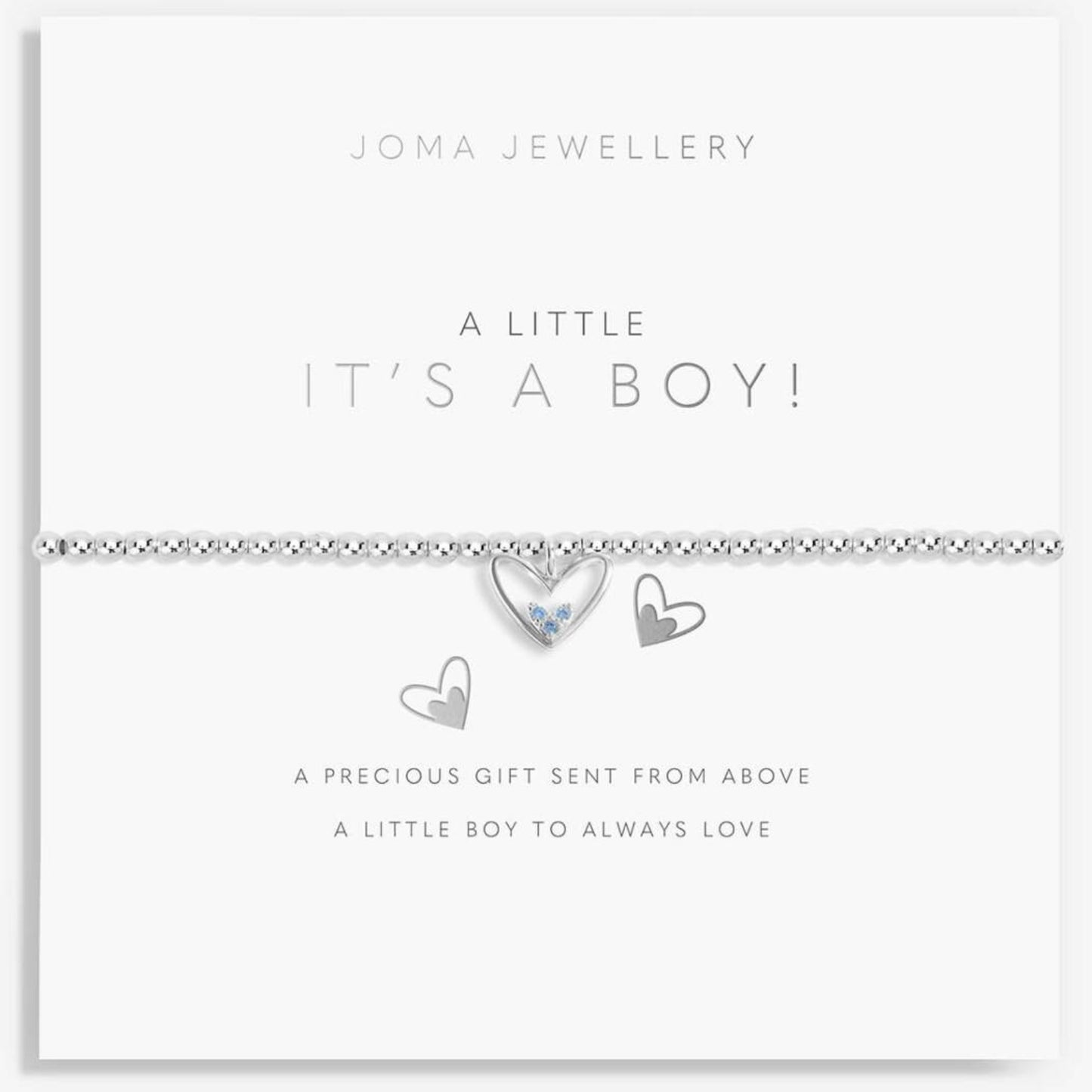 Silver heart bracelet on a white background with 'Joma Jewellery' branding.