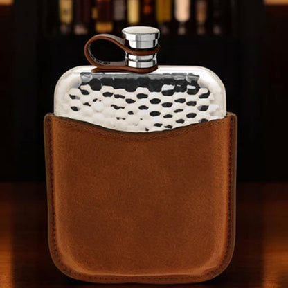6oz Hammered Pewter Hip Flask with Captive Top and Tan Leather - Cotswold Jewellery