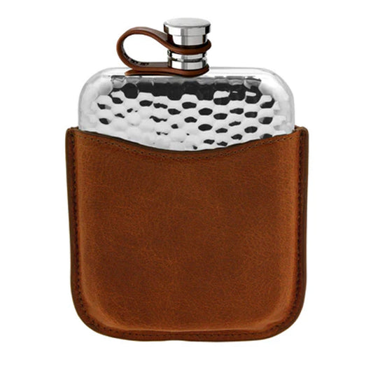 6oz Hammered Pewter Hip Flask with Captive Top and Tan Leather - Cotswold Jewellery